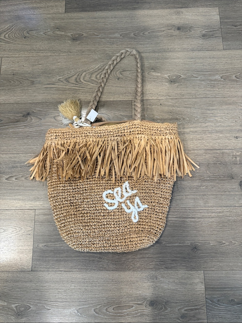 Fringed Straw Tote Bag in Tan with White 'Sea Ya' Stitching